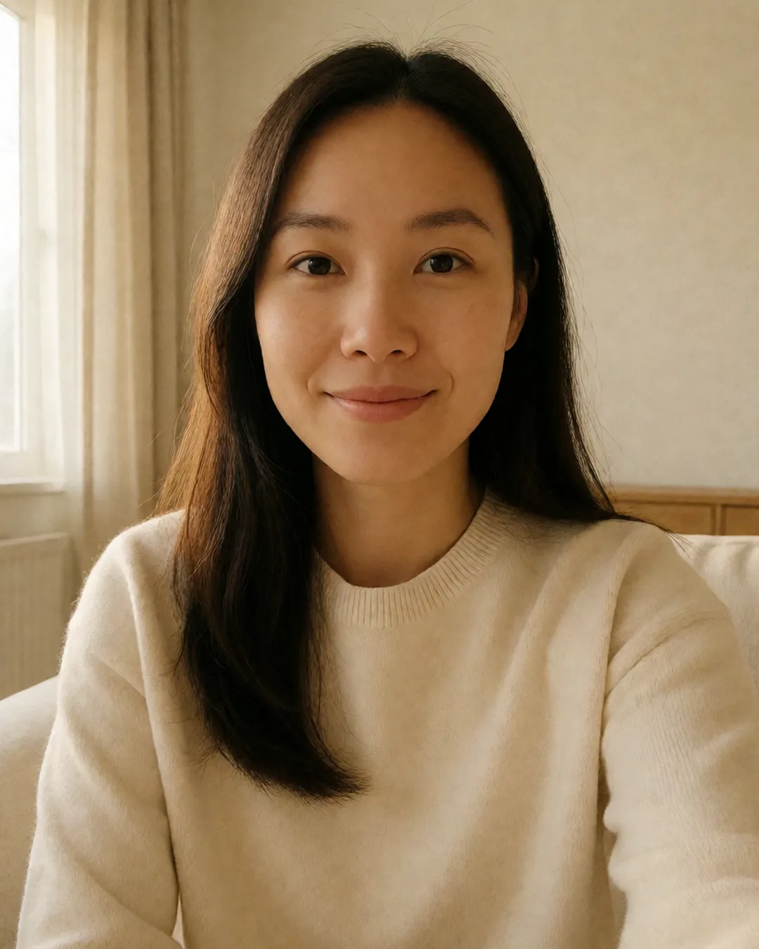 Before — everyday phone selfie of a woman at home, AI-generated sample